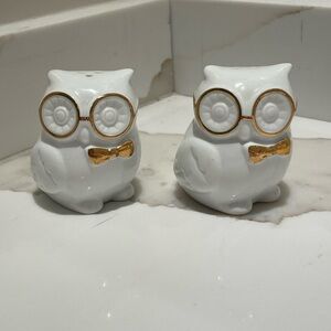 White Owl Salt and Pepper Shakers with Gold Accents